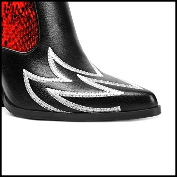 Mid Calf Cowboy Boots with Embroidery, Chunky Heel, Pointed Toe - Picture 6 of 7